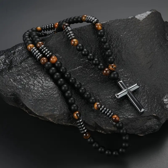 8mm Black Obsiden & Tiger Eye Natural Stone Bead Necklace & Cross for Men/Women - Picture 8 of 8